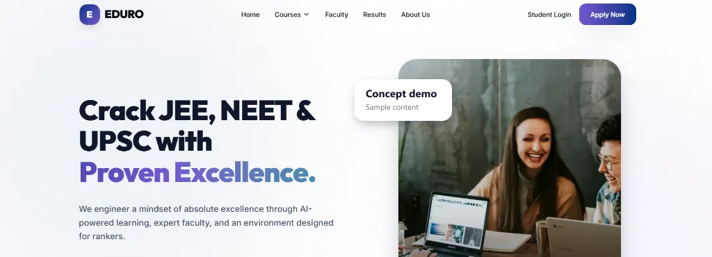 Screenshot of the EDURO concept demo, with sample content