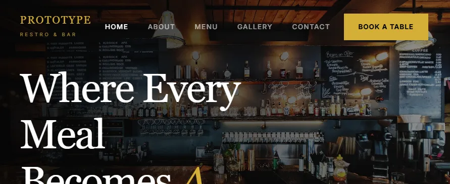 Screenshot of the Restaurant and bar website concept demo, with sample content
